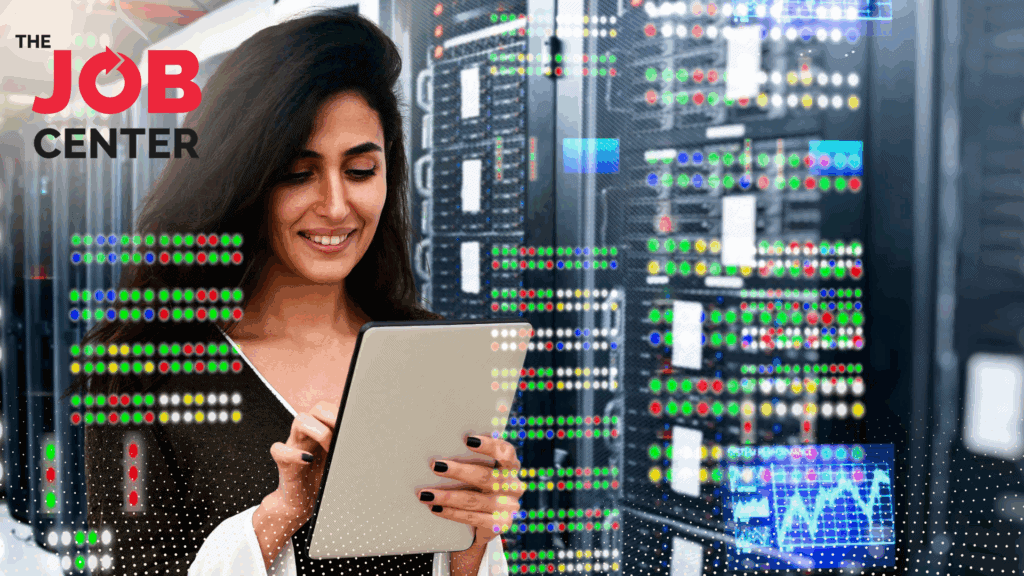 Woman holding a tablet stands in a data storage room.